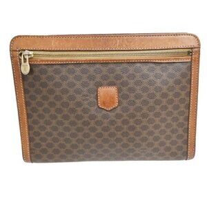 CELINE Logo Macadam Pattern Clutch Pouch Bag PVC Leather Brown GHW Italy 09CA512